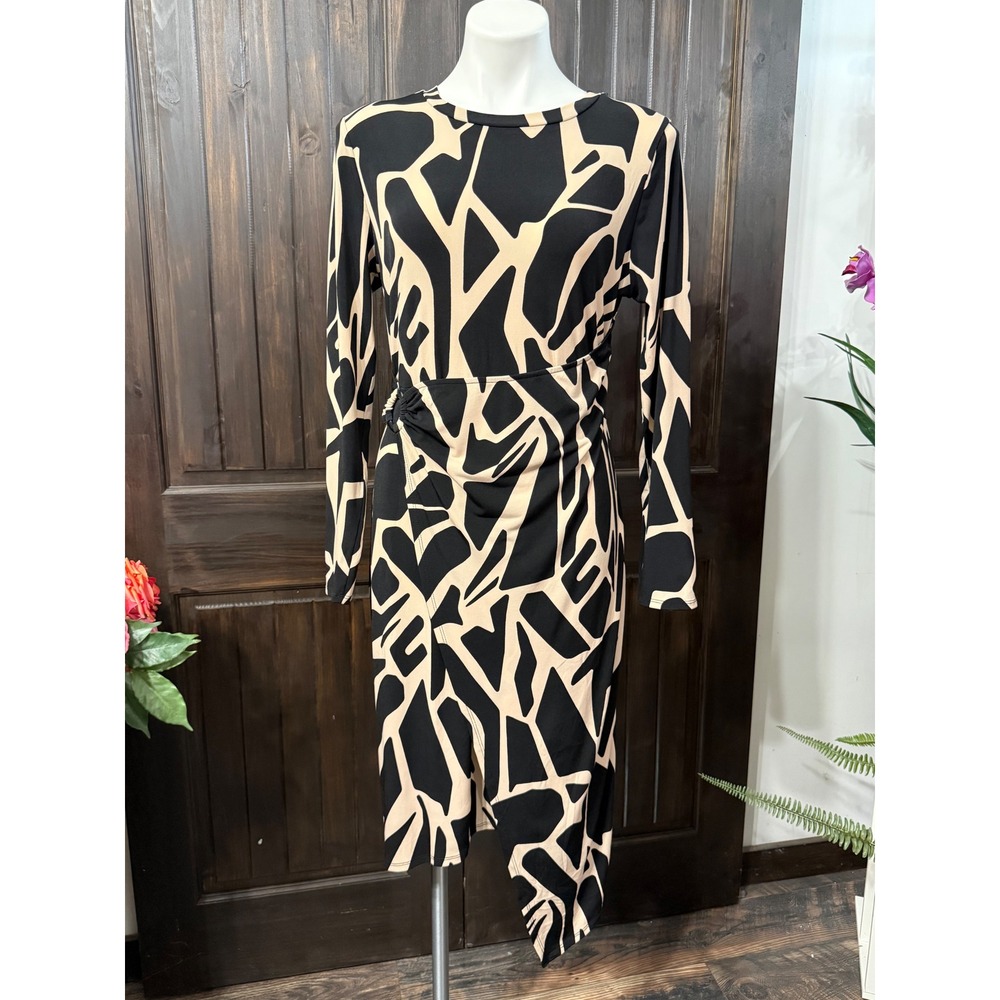 Gilli Women Long Sleeve Abstract Geometric Midi Dress Black Tan O-Ring Ruched L